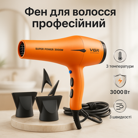 Фен для укладання локонів VGR V-406 3000Вт, Електрофен з насадками, Зручний надійний фен для волосся RN-32