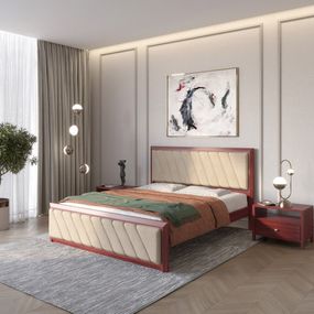 Двоспальне дерев&#039;яне ліжко Mebigrand Барселона Б6 Махонь/Аляска 23 (Бежевий) 140х190 см (MBG-13254)