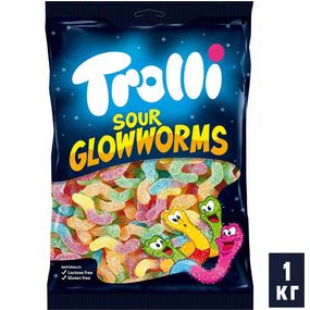 Кислые желейные конфеты Trolli 1 кг Червячки (Светлячки), большая упаковка жевательного мармелада в кислой посыпке