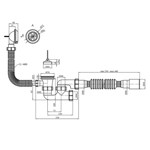 Сифон для ванни Agua BS03 1 1/2"х40/50 мм з переливом та ревізією | Зображення 1