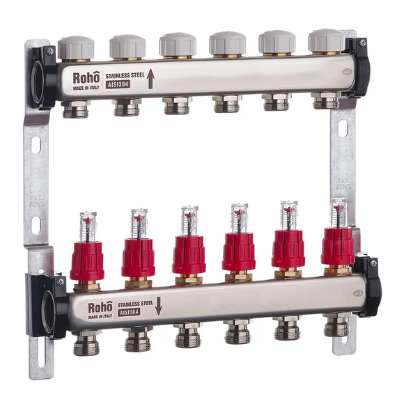 Коллектор с расходомером и термостатическими клапанами Roho R804-06 - 1"х 6-ти. (RO0038)