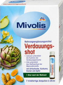 Mivolis Verdauungsshot для улучшения пищеварения с артишоком, куркумой и цинком, 7 ампул по 25 мл