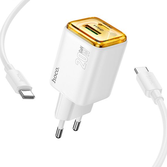 МЗП Hoco N52 Monsoon PD20W+QC3.0 (1USB-A/1C) + кабель Type-C to Type-C White | Зображення 1