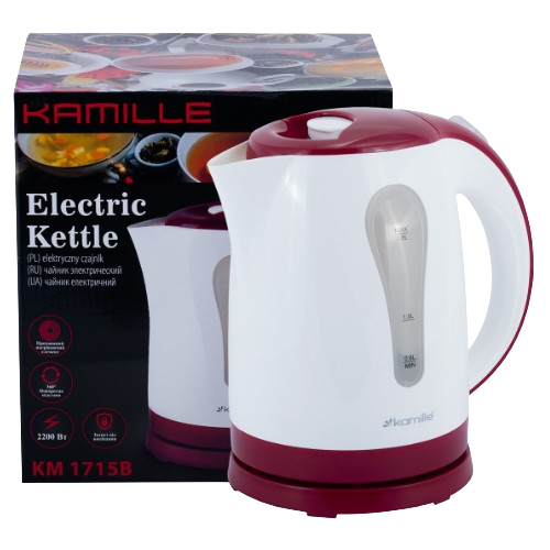 Електрочайник 1,8л 1850-2200W пластик (диск) білий/червоний 1715R KAMILLE | Зображення 1