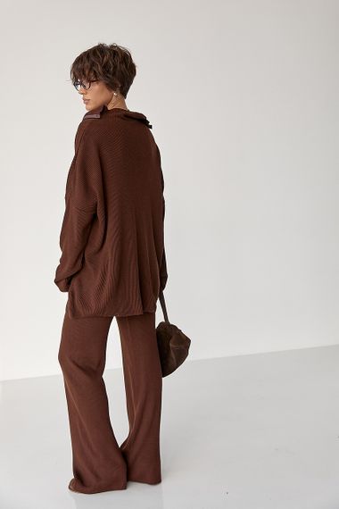 Вільний костюм в рубчик зі светром і прямими штанами - коричневий цвет, ONE SIZE (є розміри) | Зображення 1