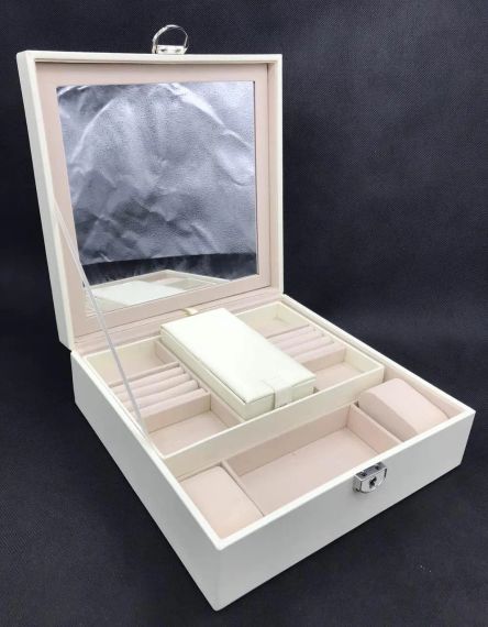 Скринька для прикрас стьобана з великим дзеркалом, що відкидається, маленька скринька всередині колір слонова кістка | Зображення 3