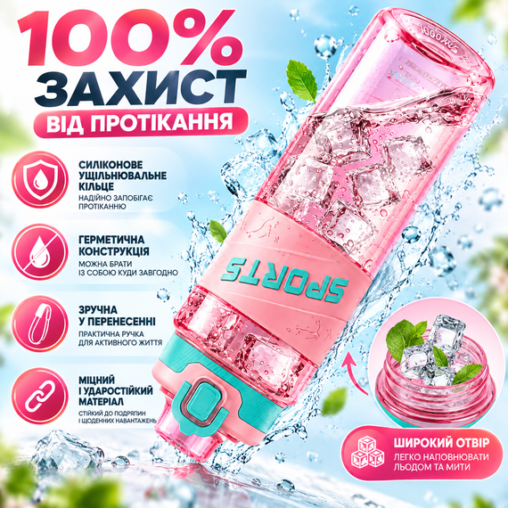 Бутылка для воды KANGZYUAN розовая 500 мл Tritan BPA Free спортивная ударопрочная с трубочкой и герметичной крышкой | Зображення 9