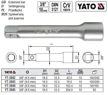 Подовжувач YATO Польща подовжувач M=3/8"(9,5) L=254 YT-3845