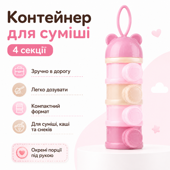 Контейнер-дозатор для дитячої суміші 4 секції, розбірний органайзер для каші та снеків Рожеви