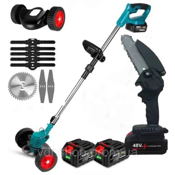 Набір 2в1 Газонокосарка з колесами + Пила 48V два акумулятори Тример для трави