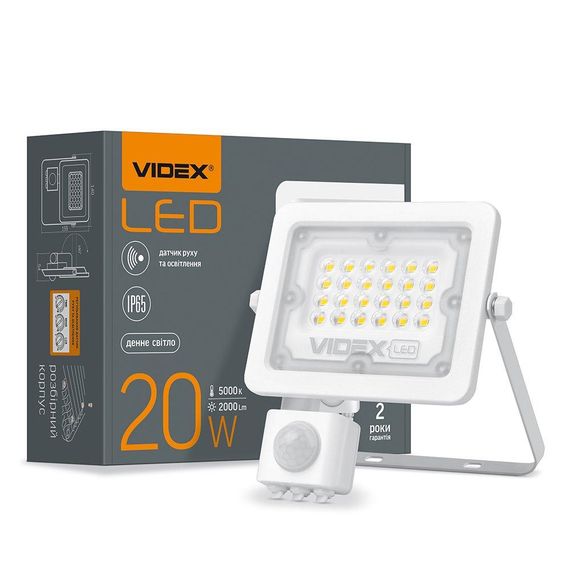 Світлодіодний прожектор VIDEX F2e 20W 5000K з датчиком руху та освітленості