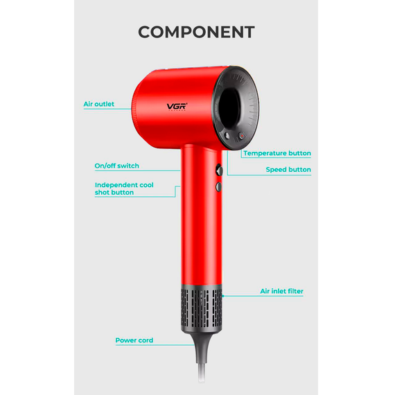 Фен профессиональный VGR V-445 RED, 3 уровня обдува, 4 уровня температуры, 1600 Вт, 110000 RPM | Зображення 2
