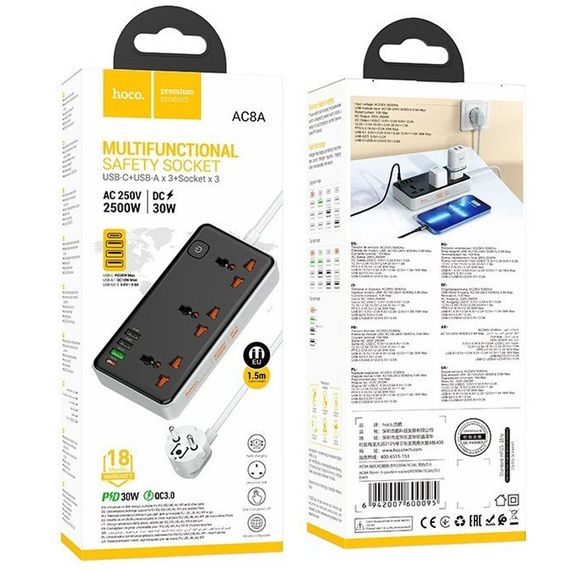 Удлинитель Hoco AC8A Storm (PD30W/1C/3A/3xSocket) (1.5m) Black | Зображення 1