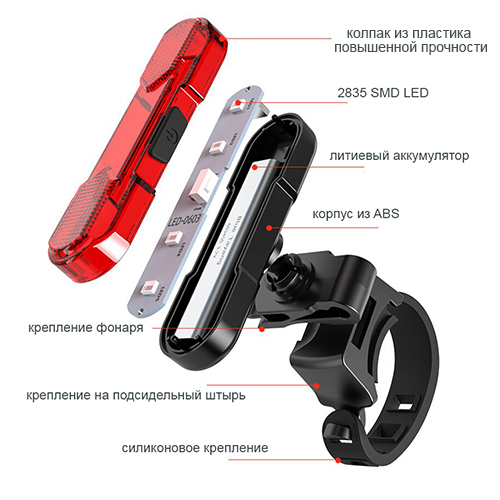 Велосипедный фонарь задний габаритный маячoк 8821-5COB micro USB, встроенный аккумулятор | Зображення 3