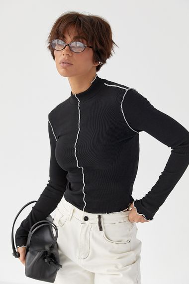 Лонгслів у рубчик з контрастними швами назовні - чорний цвет, S (є розміри)