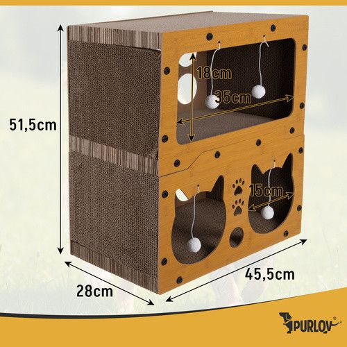 Кігтеточка-будиночок Purlov 3-в-1 — двоповерховий притулок із гофрованого картону та HDF | Зображення 1