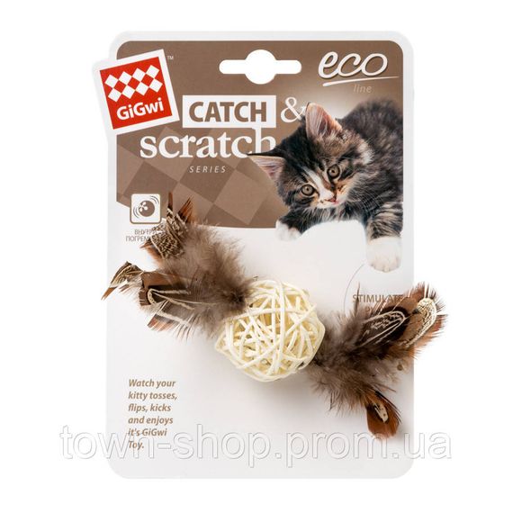 Игрушка для котов Плетеный мячик с колокольчиком и перьями GiGwi Catch&scratch, перо, дерево, 13 см | Зображення 1