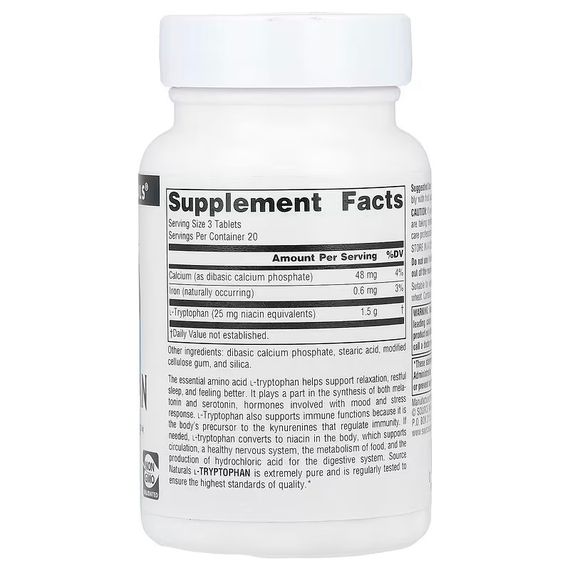 L-триптофан Source Naturals L-Tryptophan 500mg 60 Tablets | Зображення 1