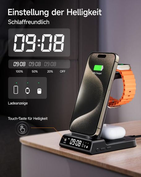 Беспроводная зарядная станция 3в1 для iPhone 16/15/14/13/12 Pro, Apple Watch AirPods Pro/4/3/2 быстрая зарядка | Зображення 2