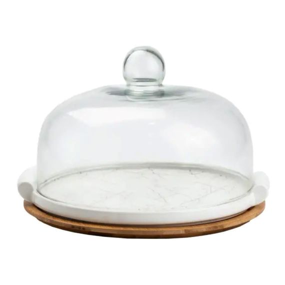 Фарфоровая тортовница со стеклянной крышкой на бамбуковой подставке HP1203