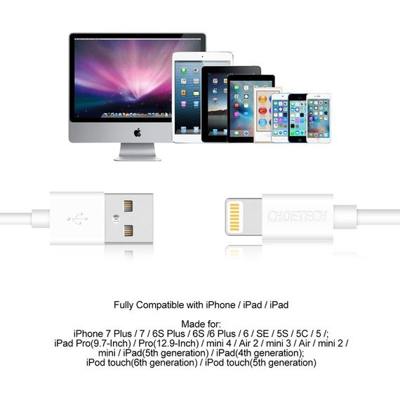Кабель Choetech IP0027-WH, USB 2.0 А-тато/Lightning, 1.8 м. | Зображення 6