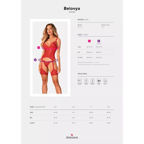 Корсет мереживний Obsessive Belovya, з гартерами та трусиками, червоний, M/L | Зображення 5