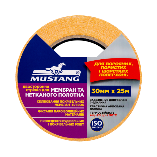 Cтрічка двостороння для МЕМБРАН ТА НЕТКАНОГО ПОЛОТНА 30мм*25м MUSTANG | Зображення 1