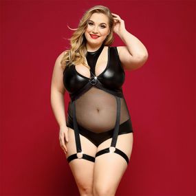 Елегантне боді з екошкіри JSY «Спокуслива Морган» Plus Size, Black, сітка, портупея з гартерами sexstyle