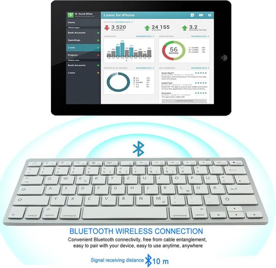 Беспроводная Bluetooth клавиатура 78 клавиш, серебристая, QWERTZ, для ноутбука, планшета, iOS Android Windows | Зображення 2