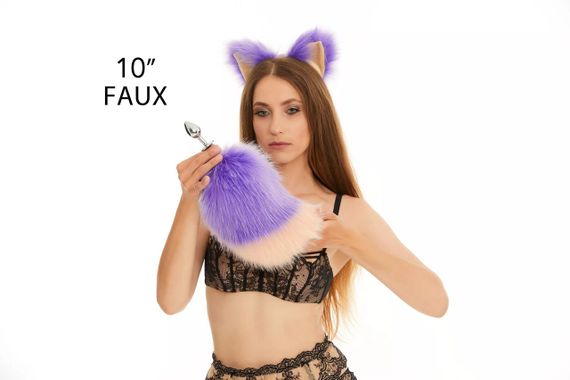 Анальний хутряний хвіст без пробки, Фіолетовий з персиковим кінчиком, OKOVA Sex Aura