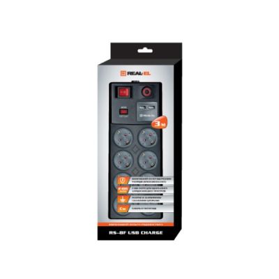 Мережевий фільтр живлення REAL-EL RS-8F USB CHARGE 3m, black (EL122300004) (EL122300004) | Зображення 2