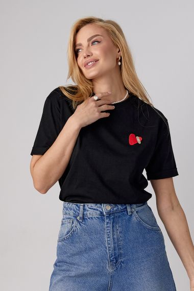 Трикотажна футболка з вишитим серцем - чорний цвет, L (є розміри) | Зображення 6