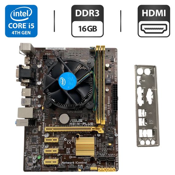 Комплект: Материнская плата Asus H81M-Plus / Intel Core i5-4570 (4 ядра по 3.2 - 3.6 GHz) / 16 GB DDR3 / Socket LGA 1150 / Задняя заглушка б/у