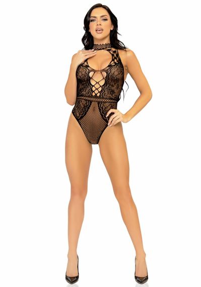 Leg Avenue Net and lace halter bodysuit OS Black | Зображення 8