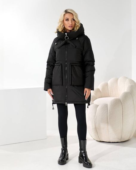 Чорний зимовий пуховик люкс середня довжина | Зображення 4