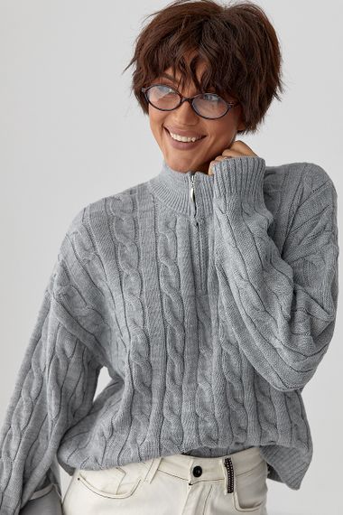 В'язаний светр в косички з блискавкою на горловині - сірий цвет, ONE SIZE (є розміри) | Зображення 4