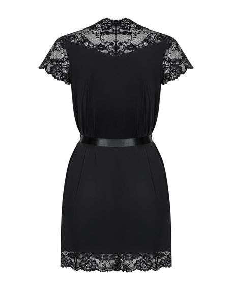 Сатиновий відкритий пеньюар на поясі Obsessive 810-PEI–1 peignoir black 2XL/3XL, чорний | Зображення 5