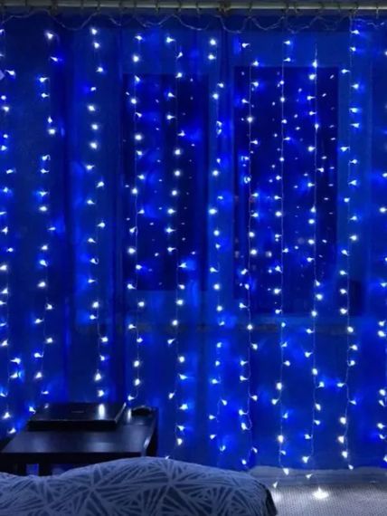 Светодиодная гирлянда штора роса на проволоке 3х2 м 200 LED пульт + USB Синий | Зображення 1