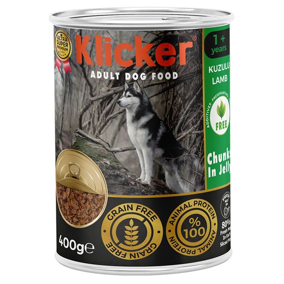 Вологий корм Klicker для дорослих собак шматочки ЯГНЯ в желе конс 400г.