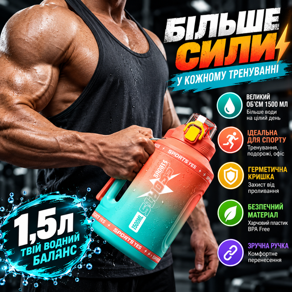 Эко-бутылка для воды SPORTS BOTTLE 1500 мл - большая многоразовая спортивная бутылка со встроенной ручкой, оранжевый градиент | Зображення 3