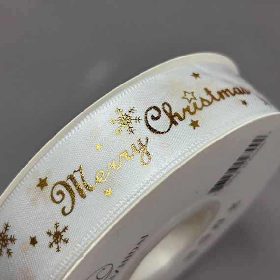 Стрічка атласна 2,5см із новорічним малюнком - біла Merry Christmas