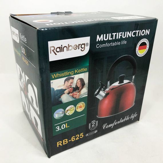 Чайник Rainberg RB-625 з нержавіючої сталі зі свистком 3л, гарний чайник зі свистком. Колір: червоний