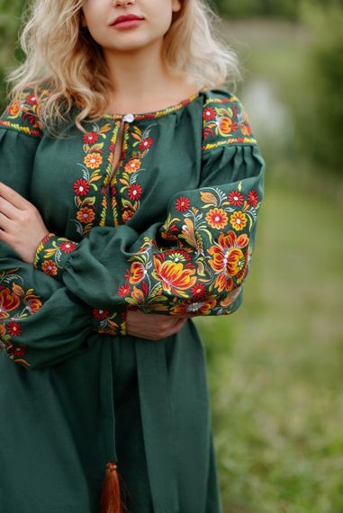 Плаття вишиванка в підлогу довге льон зелене | Зображення 5