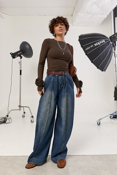 Широкі джинси Baggy з декоративними швами спереду - синій цвет, XL (є розміри) | Зображення 2