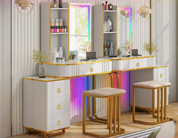 Туалетний столик Costway Vicci з пуфом + дзеркало LED | Зображення 2