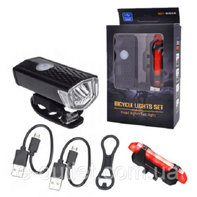 Велосипедный фонарь с габаритами AQY-0108A-XPE + STOP-5LED, micro USB, встроенный аккумулятор DC-2218