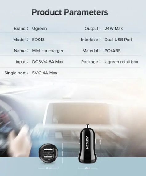Автомобильное зарядное устройство Ugreen ED018 24W 2xUSB Charger Черный | Зображення 6