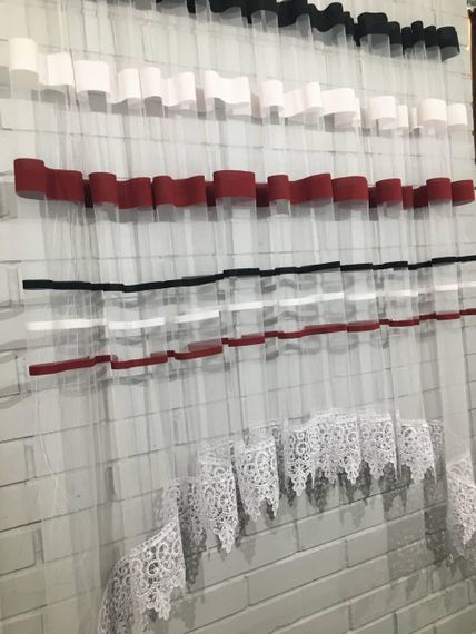 Тюль короткий арка фатін на кухню/балкон смужками 160х300 см червоний з бежевим | Зображення 6