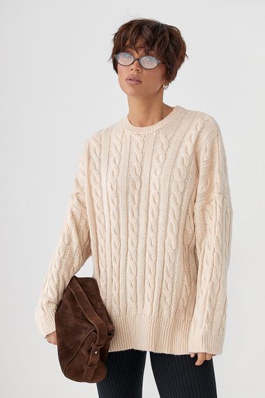 В'язана кофта в косички з розрізами - кремовий цвет, ONE SIZE (є розміри) | Зображення 4