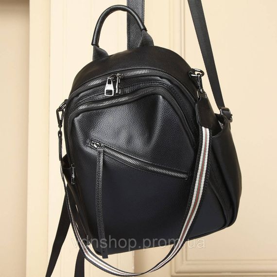 Стильна жіноча сумка міська на плечі 35х27х14, рюкзак з натуральної шкіри, чорний | Зображення 5